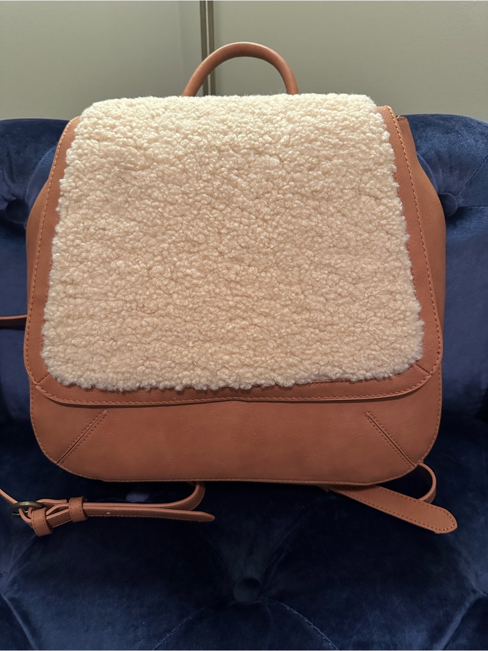 Womens Tan Backpack with Cream Sherpa Flap